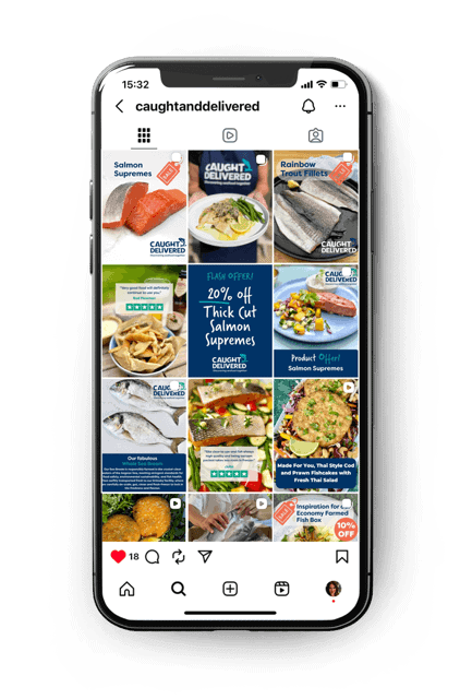 Instagram profile showcasing seafood products and salmon offers