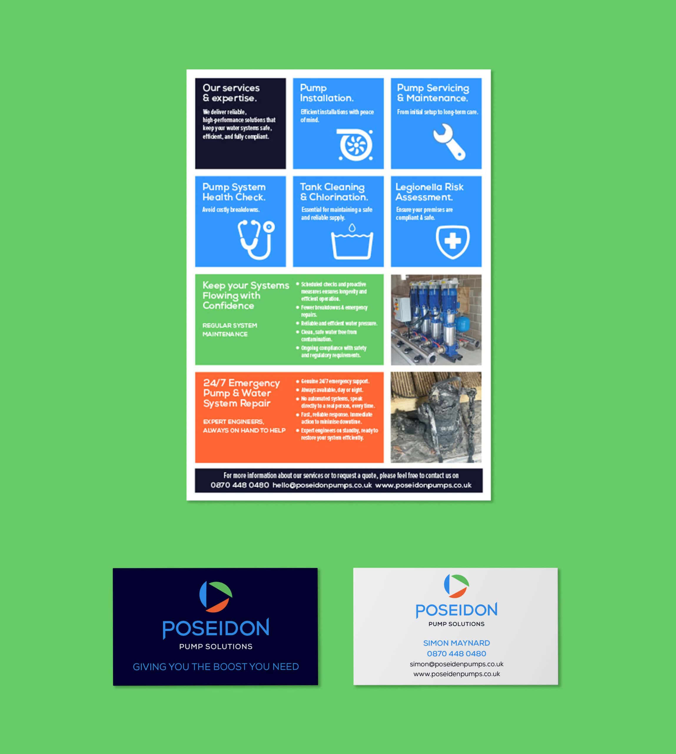 Poseidon Pump Solutions services and contact information flyer