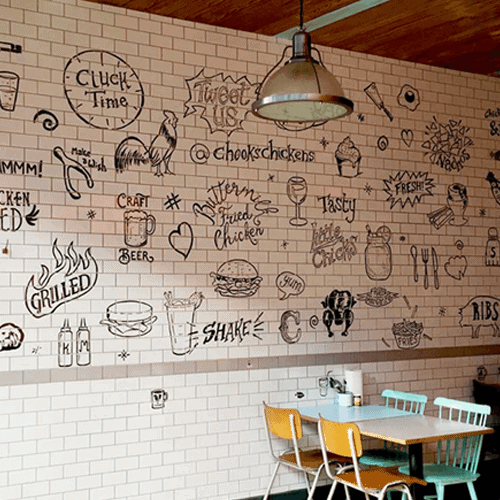 Restaurant wall with food drawings and chicken art