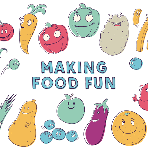 Cartoon fruits and vegetables with Making Food Fun text