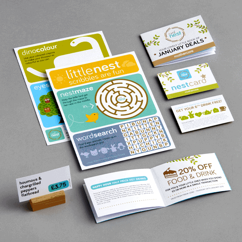 Promotional leaflets and menus for a family restaurant
