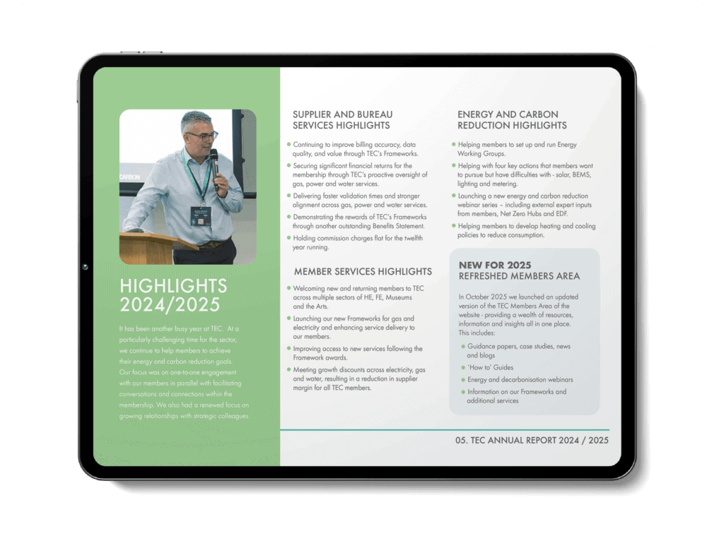 TEC Annual Report 2024/2025 highlights overview on tablet