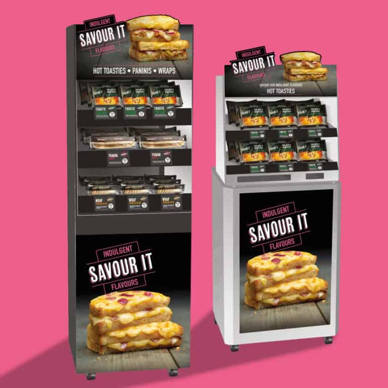 Savour It branded retail display units for hot toasties