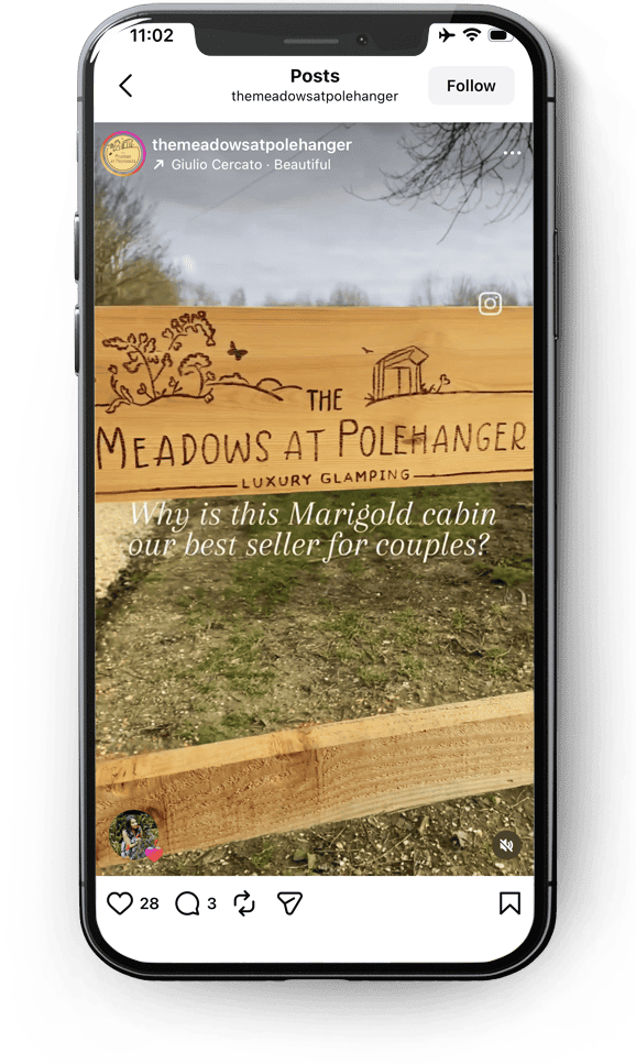 Instagram post for The Meadows at Polehanger luxury glamping