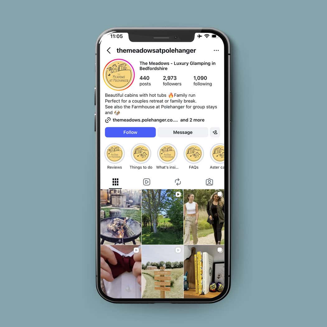 Instagram profile for The Meadows luxury glamping Bedfordshire