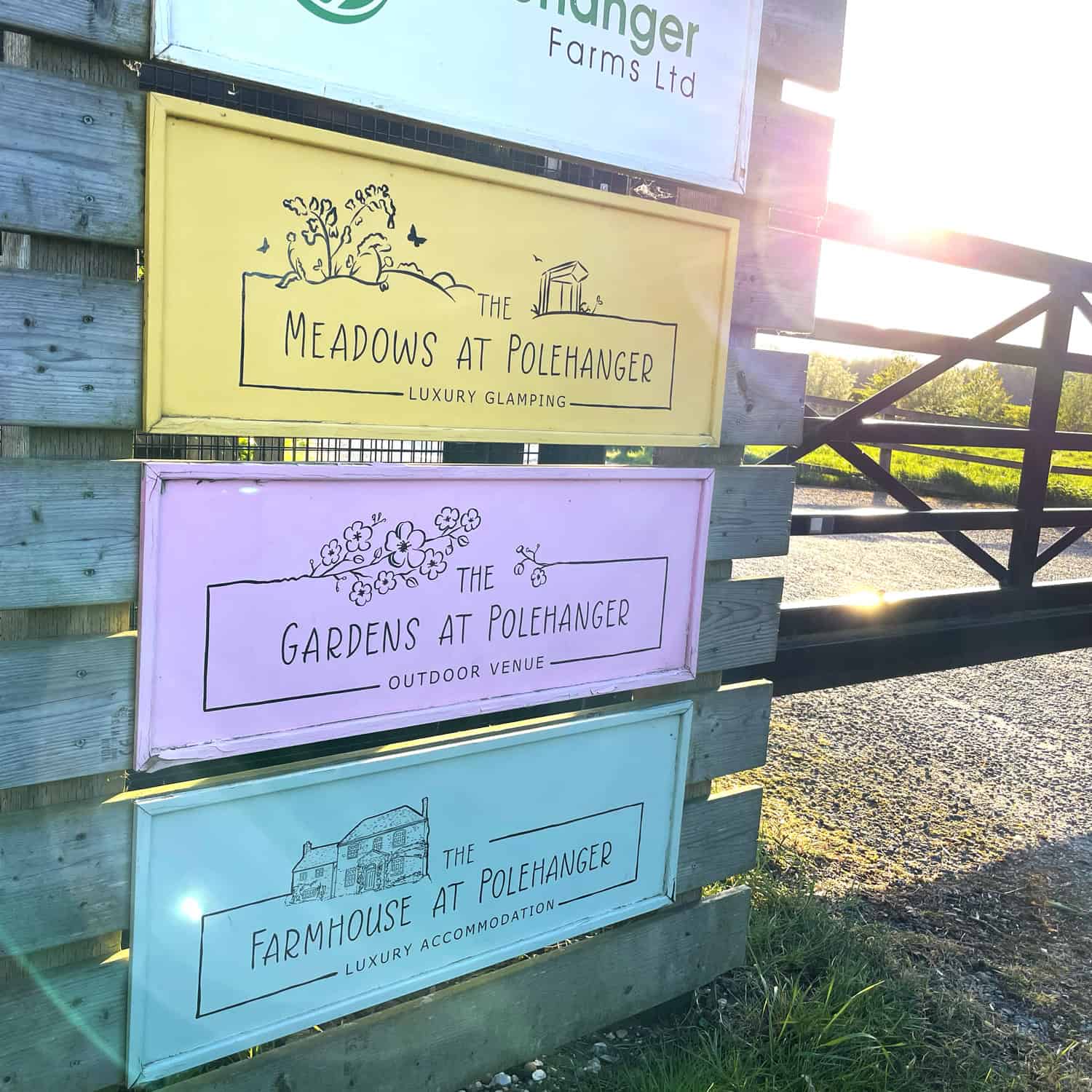 Polehanger Farms Ltd entrance signs for glamping and venues