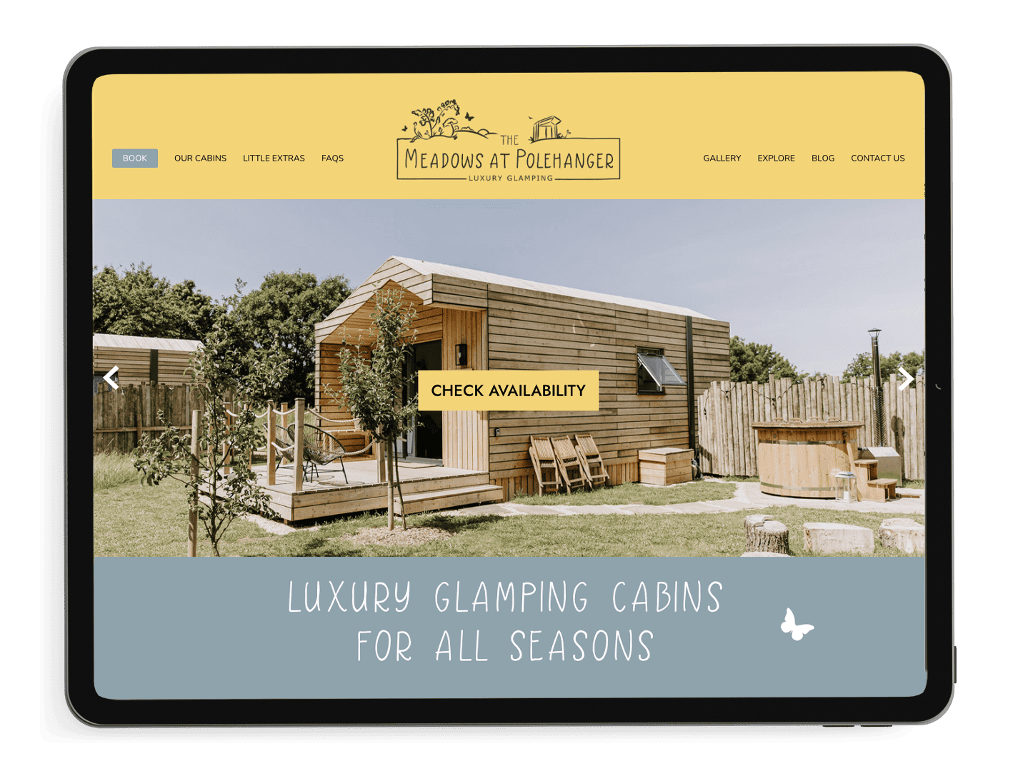 Meadows at Polehanger luxury glamping website on tablet